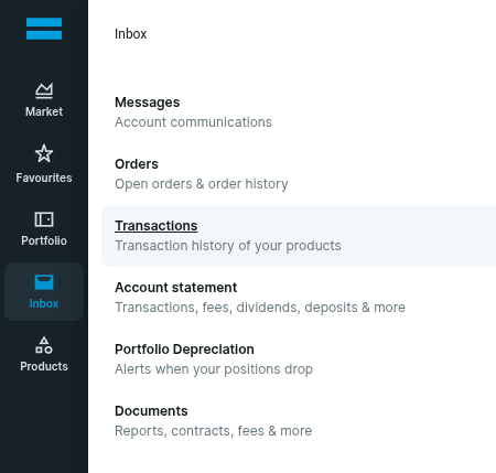 DEGIRO Inbox Transactions view